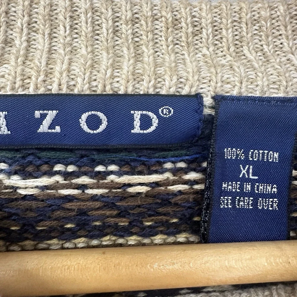 Vintage IZOD Sweater XL Beige Fair Isle Cotton Crewneck Knit Pullover Stripes